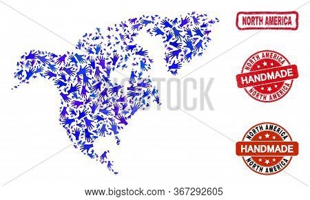 Vector Handmade Composition Of North America Map And Unclean Stamp Seals. Mosaic North America Map I