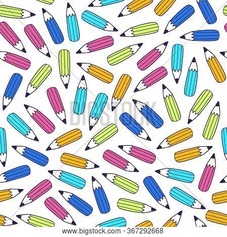 Seamless Pencil Pattern In Vector. Hand Drawn Colorful Illustration With Stationery. Doodle Endless 