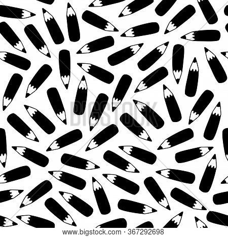 Seamless Pencil Pattern In Vector. Hand Drawn Illustration With Stationery. Doodle Endless Backgroun