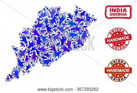 Vector Handmade Combination Of Odisha State Map And Corroded Stamp Seals. Mosaic Odisha State Map Is
