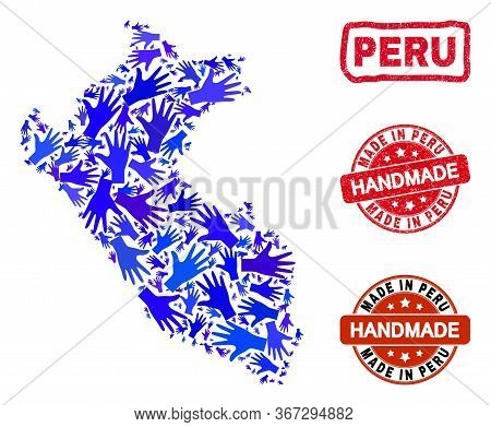 Vector Handmade Combination Of Peru Map And Corroded Seals. Mosaic Peru Map Is Organized With Random