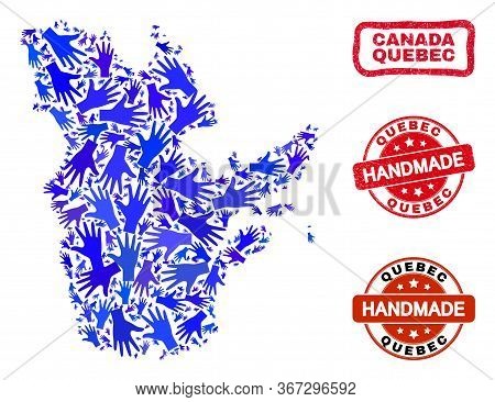 Vector Handmade Composition Of Quebec Province Map And Grunge Stamp Seals. Mosaic Quebec Province Ma