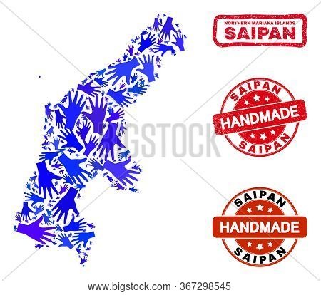 Vector Handmade Combination Of Saipan Island Map And Grunge Stamp Seals. Mosaic Saipan Island Map Is