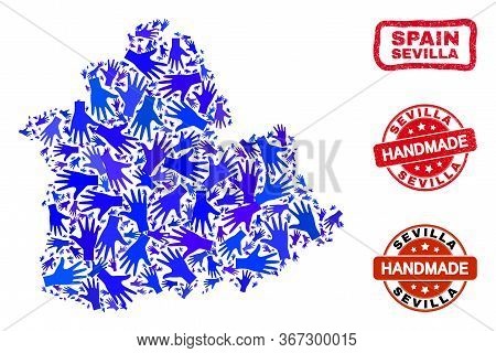 Vector Handmade Combination Of Sevilla Province Map And Dirty Watermarks. Mosaic Sevilla Province Ma
