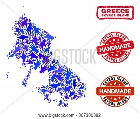 Vector Handmade Composition Of Skyros Island Map And Corroded Stamp Seals. Mosaic Skyros Island Map 