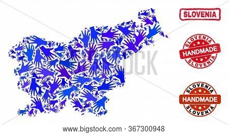 Vector Handmade Composition Of Slovenia Map And Rubber Watermarks. Mosaic Slovenia Map Is Made Of Ra