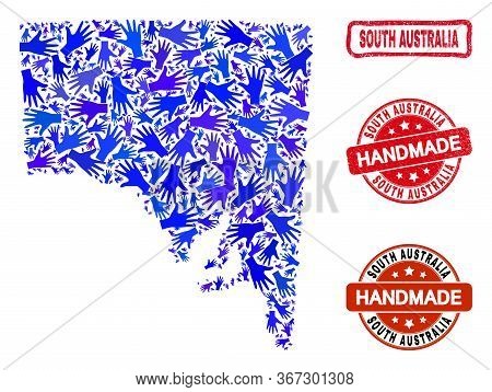 Vector Handmade Collage Of South Australia Map And Rubber Stamps. Mosaic South Australia Map Is Done