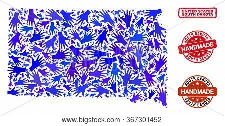 Vector Handmade Composition Of South Dakota State Map And Grunge Watermarks. Mosaic South Dakota Sta