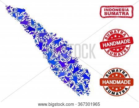 Vector Handmade Composition Of Sumatra Map And Scratched Watermarks. Mosaic Sumatra Map Is Created O