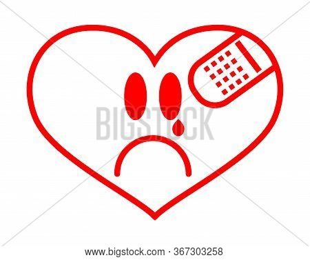 First Aid Band Cushioned Plaster Strip Medical Patch Glued On Red Vector Heart. Heart Broken, Love A