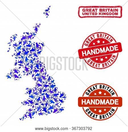 Vector Handmade Collage Of United Kingdom Map And Rubber Stamps. Mosaic United Kingdom Map Is Compos