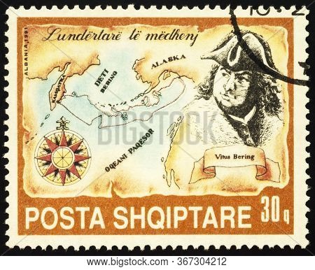 Moscow, Russia - May 21, 2020: Stamp Printed In Albania Shows Vitus Bering (1681-1741), Danish Seafa
