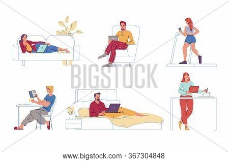 People Use Digital Gadget. Man Woman Rest, Do Sport, Work, Cook, Watch Video On Laptop, Mobile Table