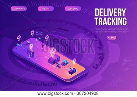 Isometric Delivery Service With Truck At Warehouse, Smart Logistics Company Illustration, Smartphone
