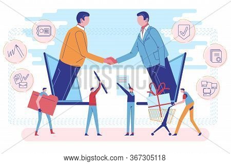 Digital Influencer Marketing. Referral Program To Refer Friend. Business People Partners On Laptop S