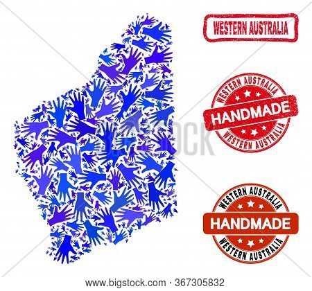 Vector Handmade Composition Of Western Australia Map And Rubber Watermarks. Mosaic Western Australia