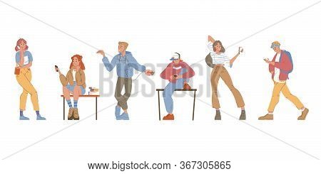 Young People With Phone Set. Teenager Character Talking, Chatting, Making Selfie, Listening Music, S