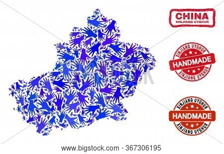 Vector Handmade Composition Of Xinjiang Uyghur Region Map And Rubber Stamps. Mosaic Xinjiang Uyghur 