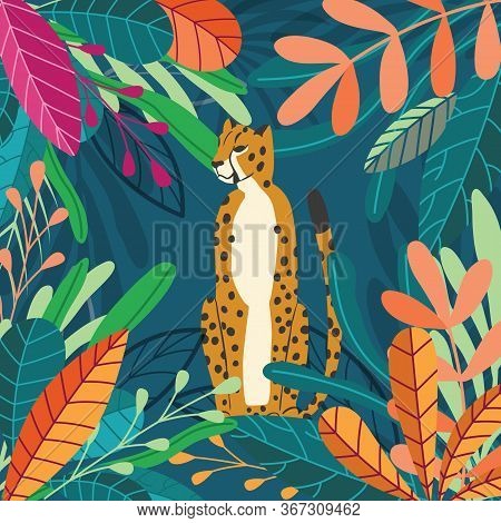 Cute Exotic Wild Big Cat Cheetah Sitting On Dark Tropical Background With Collection Of Exotic Plant