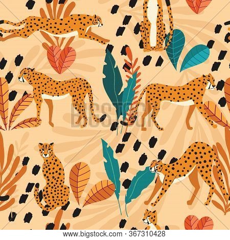 Seamless Pattern With Hand Drawn Exotic Big Cat Cheetahs, With Tropical Plants And Abstract Elements