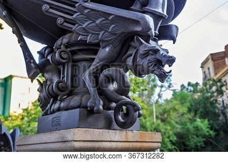 Barcelona, Spain - May 15, 2017: Architectural Detail In The Form Of A Mythical Creature In Center O
