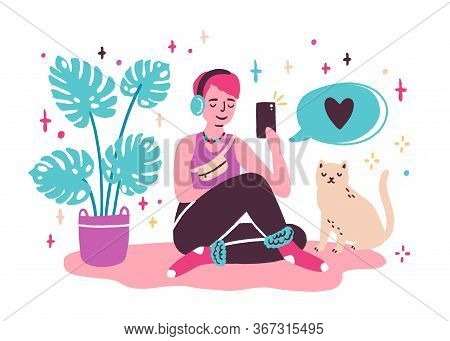 Young Woman Blogger Sitting On The Floor And Taking Selfie At Home. Girl Creating New Content For Bl