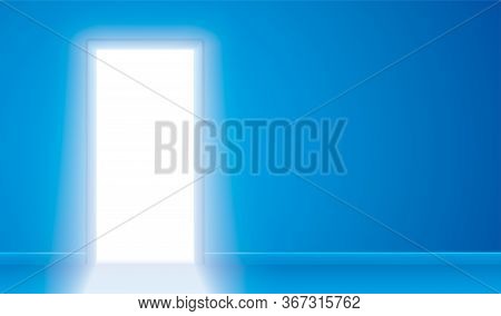 Shining Door Vector Illustration. Bright Light Coming Out From An Opened Door. Mysterious Blue Backg
