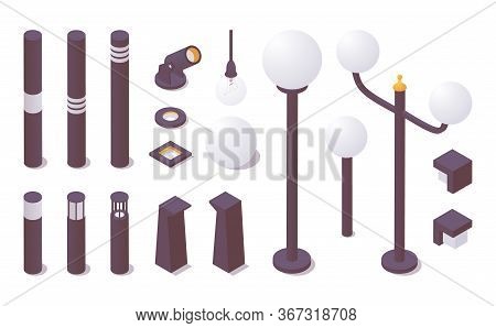 Isometric Outdoor Lighting Set For Hotel, Street, Exterior Lanscape Design.