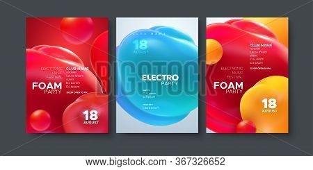 Electronic Music Festival Ads Poster Set. Modern Club Party Invitation. Vector Illustration With 3d 