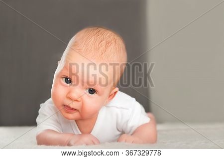 Close-up Portrait Of A Newborn Baby. Baby Holds His Head And Copy Space. The Concept Of Child Care, 