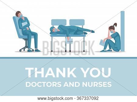 Thank You, Doctors And Nurses Vector Banner Design With Text. Tired Overworked Medical Workers In Un