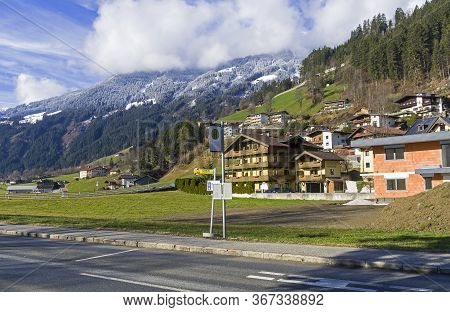 Ziller Valley, Austria - March 8, 2020: Bus Stop On A Highway In A Mountain Valley. Zillertal Valley