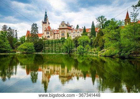 Castle With Reflection In Pond In Spring Time, Pruhonice, Czech Republic