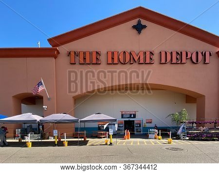 Entrance At The Home Depot During Covid-19 Pandemic. Coronavirus Virus Social Distancing. San Diego,