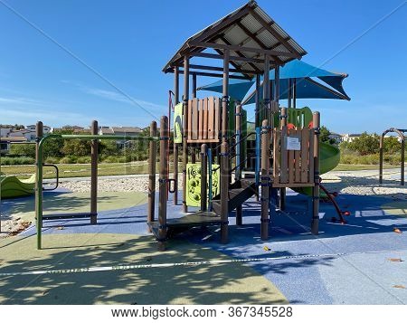 Closed Community Park With Playground For Kids Due To Covid 19. Coronavirus Virus Panic And Quaranti