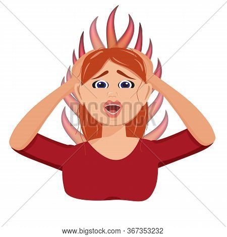 Flat Vector Character Illustration. Conceptual Image Of Emotional Burnout. Burning Brain Of Tired Wo