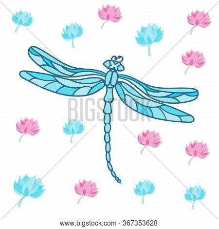 Abstract Seamless Pattern With Dragonflies On Light Background With Colorful Lotus. Modern Template 