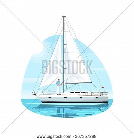 Fisherman On Regatta Semi Flat Vector Illustration. Man Fishing With Rod On Luxury Ship. Person On B