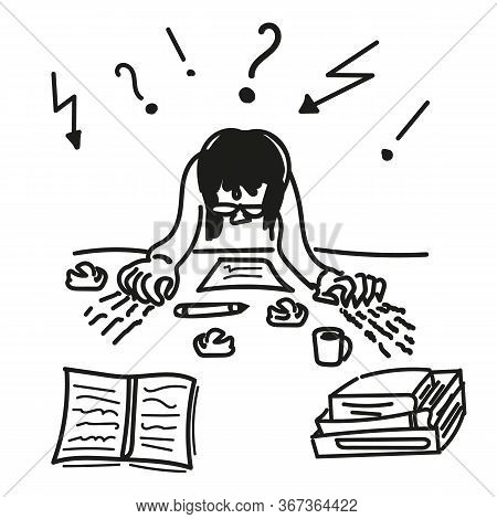 Cartoon Man Tired Thinking For Lifestyle Design. Cartoon Portrait Of Man Tired Thinking On White Bac