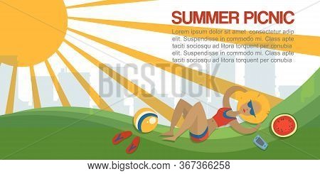 Summer Vacation Or Picnic For Woman In Park On The Meadow Cartoon Vector Illustration. Caucasian Wom