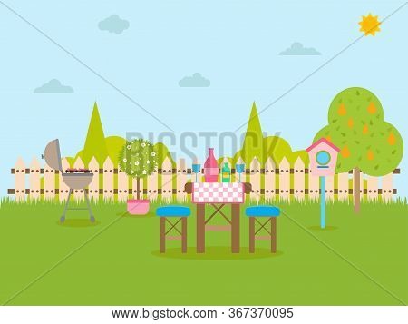 Vector Stock Banner With Backyard, Blooming Bushes And Fruit Trees , Flowers  And Garden Furniture. 