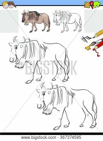 Cartoon Illustration Of Drawing And Coloring Educational Activity For Children With Funny Wildbeast 