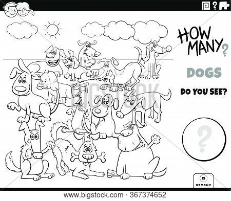 Black And White Illustration Of Educational Counting Game For Children With Cartoon Funny Dogs Anima
