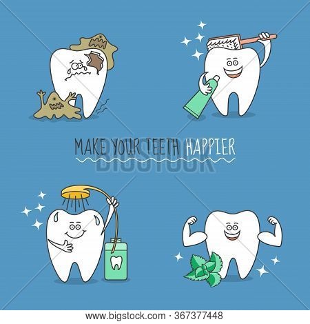 Set Of Cartoon Teeth. Tooth With Toothpaste, Toothbrush, Rinse, Mint, Bacteria. Make Your Teeth Happ