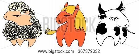 Farm Animals Cute Illustration Set. Sheep, Horse And Cow For Farm Business, Design Elements For Kids