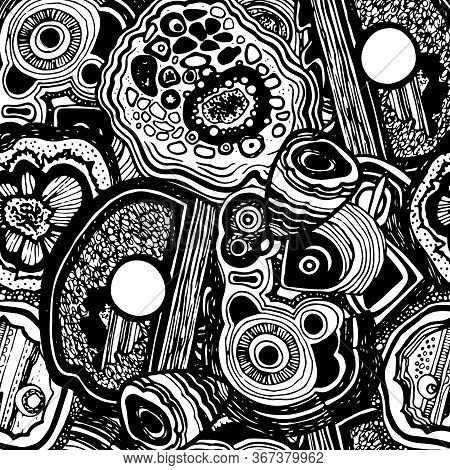 Sketch Mineral For Decorative Design. Druse Texture. Abstract Black And White Background. Stylish Mo