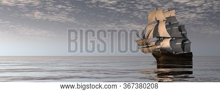 Beautiful Old Merchant Ship Floating On Quiet Water By Cloudy Night - 3d Render