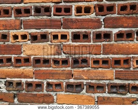 Weathered Texture Of Stained Old Dark Brown And Red Brick Wall Background, Grungy Rusty Blocks Of St
