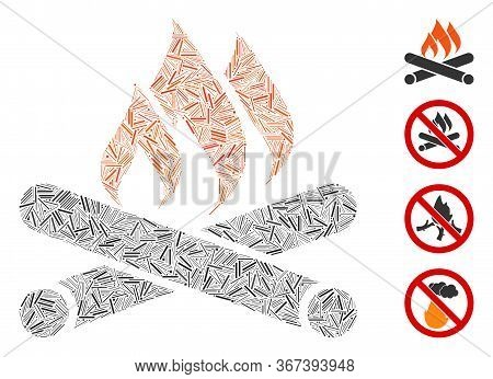 Line Collage Campfire Icon Organized From Straight Items In Different Sizes And Color Hues. Line Ite