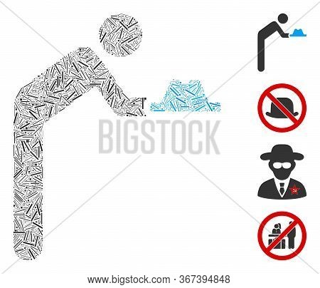 Line Collage Concierge With Hat Icon Organized From Narrow Items In Variable Sizes And Color Hues. I
